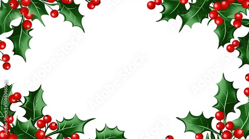 Festive holly leaves with bright red berries framing a blank space for holiday greetings or seasonal messages