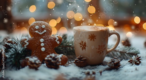 Gingerbread Man Cookie and Hot Chocolate in a Snowy Winter Setting