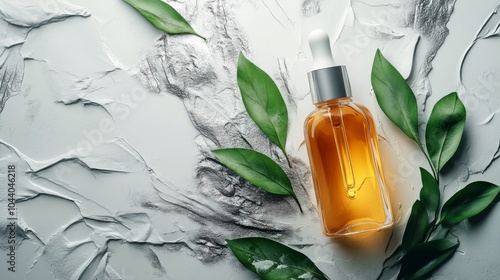 Natural oil dropper bottle with fresh green leaves on textured surface