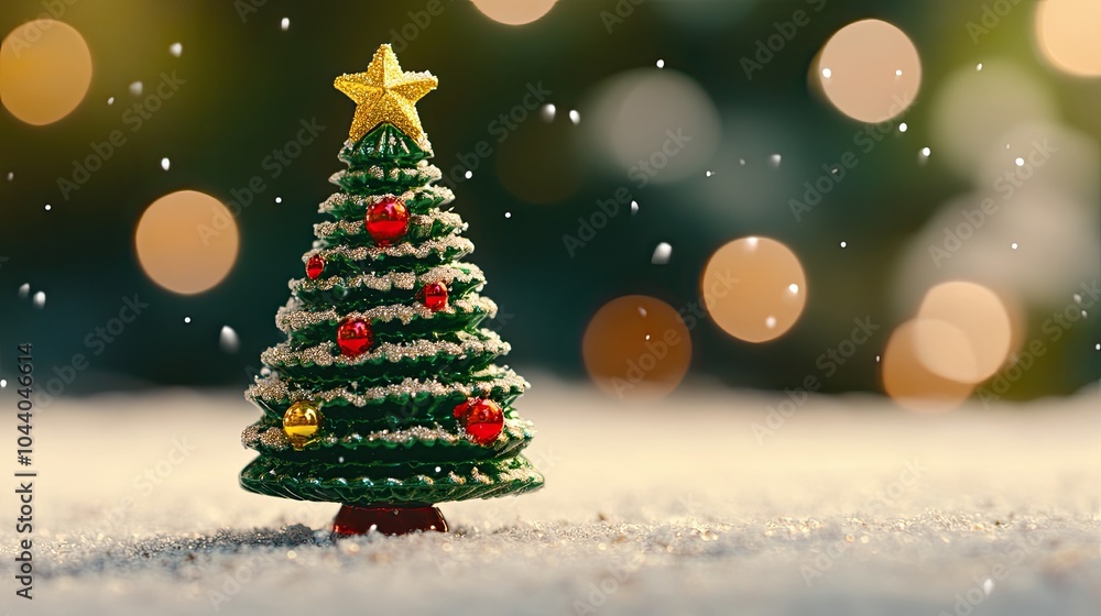 Obraz premium Christmas tree figurine with gold star on top made of glass on background with bokeh effect and glitter. Illustration for cover, card, postcard, banner, poster, brochure or presentation.