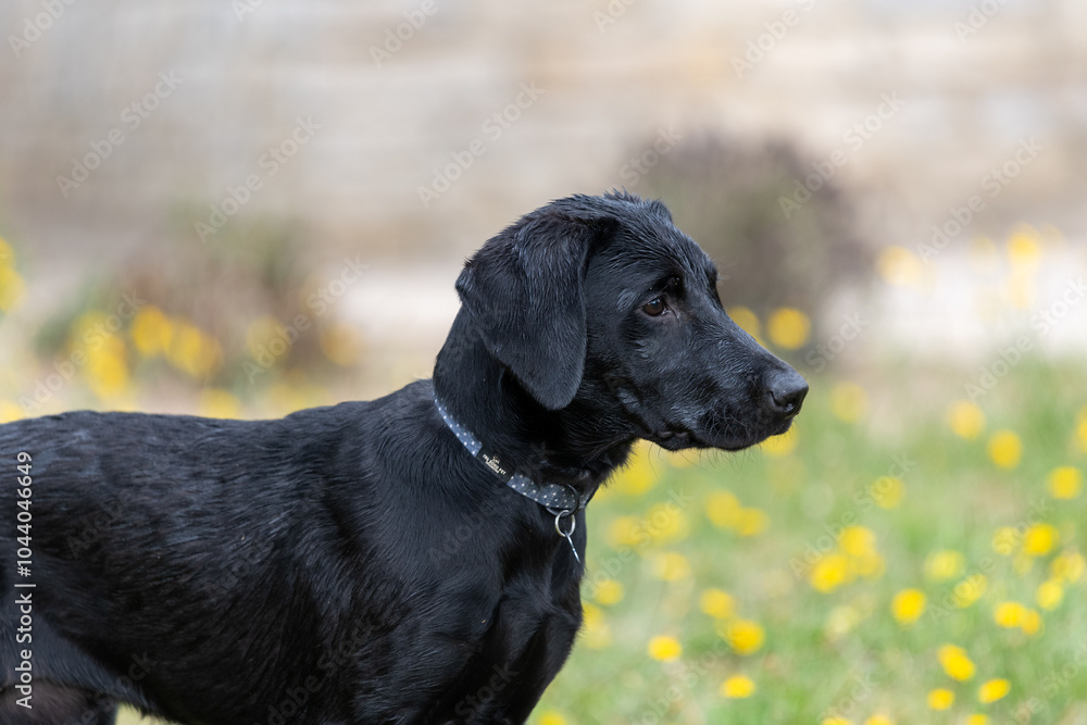 Portrait of a cute Black Labrador puppy in the garden Portrait of a cute Black Labrador puppy in the garden