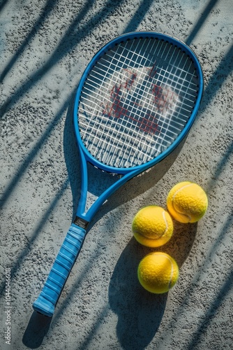 Tennis racket and balls resting on a textured surface in bright sunlight