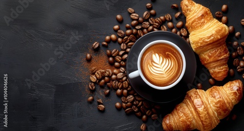 Coffee, Croissants, and Coffee Beans on a Black Background