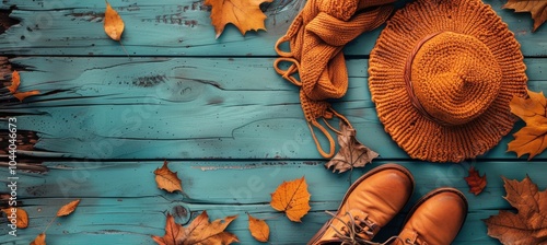 Autumnal Fashion Accessories on Blue Wooden Background With Fallen Leaves