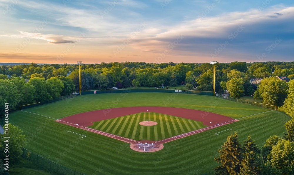 Drone Aerial View flying above a outdoor Baseball Field Diamond. Drone Aerial View flying above a outdoor Baseball Field Diamond.