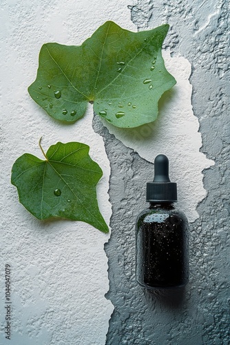 Botanical drops on textured surface with green leaves and liquid container
