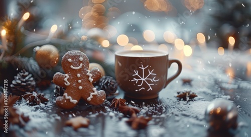 Gingerbread Man Cookie and Hot Chocolate in a Snowy Winter Setting
