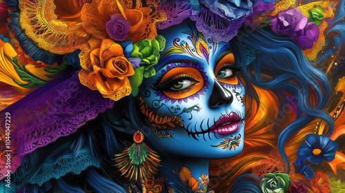 vibrant portrait of Mexican calavera Catrina, adorned with colorful flowers and intricate designs, celebrating Day of Dead with striking expression