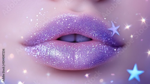 Close-Up of Glittering Purple Lips Makeup Surrounded by Starry Bokeh Effect Glamour Theme