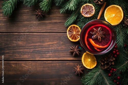 A steaming mug of mulled wine garnished with a cinnamon stick and an orange slice against a festive background