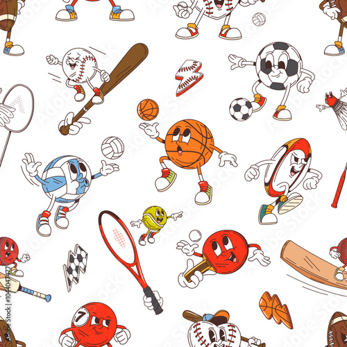 Retro groovy sport characters seamless pattern background, vector cartoon balls. Comic groovy sport characters pattern of funky volleyball and freaky baseball bat with rugby ball and badminton racket