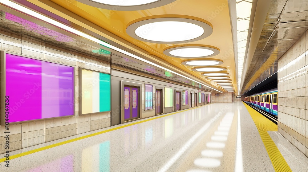 Modern subway station with colorful advertisements and bright lighting in an urban setting Modern subway station with colorful advertisements and bright lighting in an urban setting