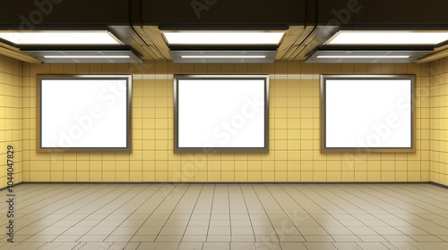 Empty advertising space in a subway station with blank billboards and yellow tiled walls during daylight hours