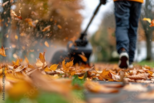 Fall Leaves Blowing With Leaf Blower