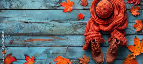 Autumnal Fashion Accessories on Blue Wooden Background With Fallen Leaves