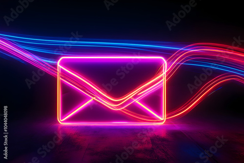 Neon silhouette of a letter envelope and stamp isotated on black background. photo