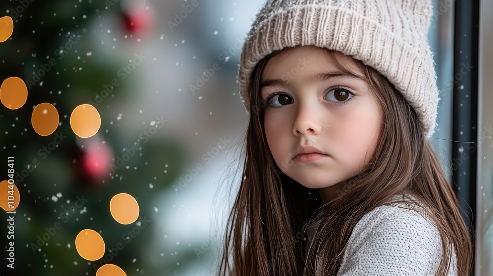 A young girl in a winter hat looks thoughtfully out the window, captivated by the falling snow outside, while a beautifully lit Christmas tree adds warmth indoors A young girl in a winter hat looks thoughtfully out the window, captivated by the falling snow outside, while a beautifully lit Christmas tree adds warmth indoors