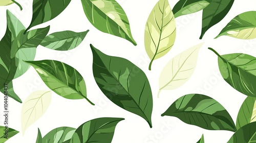 Various green leaves arranged organically on a white background illustrating the beauty of nature's foliage in a minimalist style