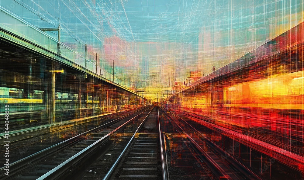 elevated railroad and train, wireless communication network, abstract image visual elevated railroad and train, wireless communication network, abstract image visual