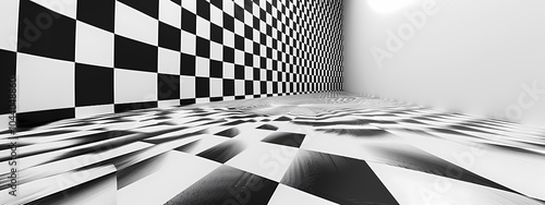 A striking black and white checkered room with distorted floor patterns, creating an illusionary effect of movement and depth. photo