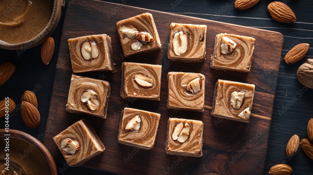 Fudge with almond butter swirl, placed on a dark wooden board, surrounded by almond pieces and a drizzle of almond butter Fudge with almond butter swirl, placed on a dark wooden board, surrounded by almond pieces and a drizzle of almond butter