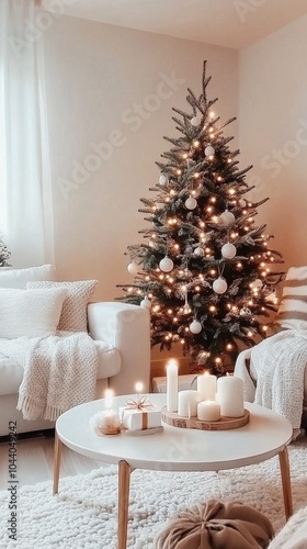 A warm living room features a lush Christmas tree adorned with lights and ornaments, surrounded by cozy furniture and soft textiles, creating a festive ambiance.