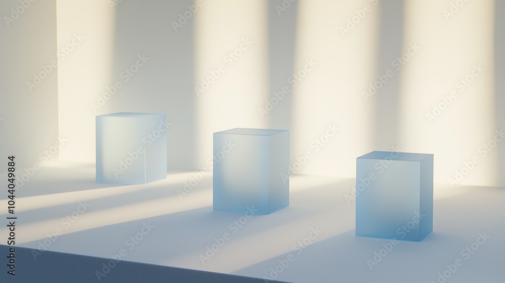 Minimalist display featuring three translucent cubes illuminated by soft light in a contemporary setting Minimalist display featuring three translucent cubes illuminated by soft light in a contemporary setting