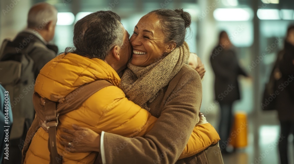 A man and woman hug warmly in a bustling airport terminal. A man and woman hug warmly in a bustling airport terminal.