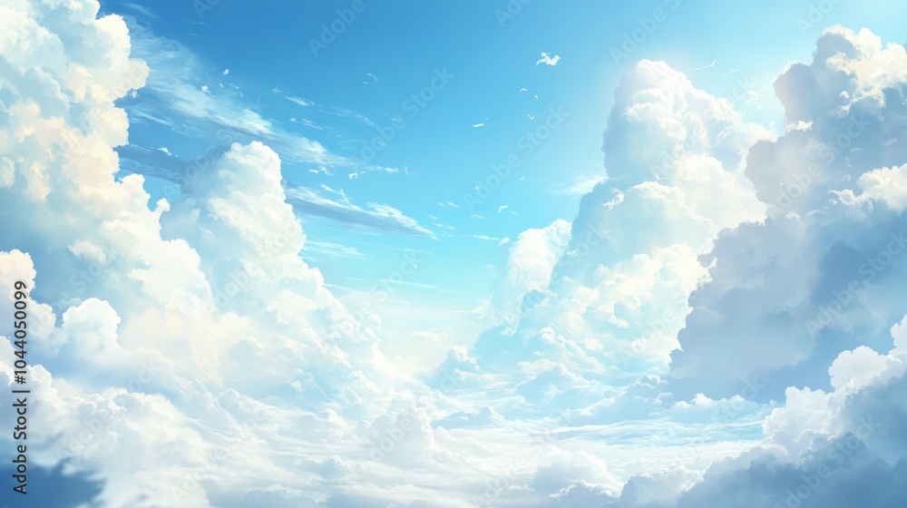 Naklejka premium A wide shot of a blue sky with fluffy white clouds, showcasing a bright sun shining through the clouds.