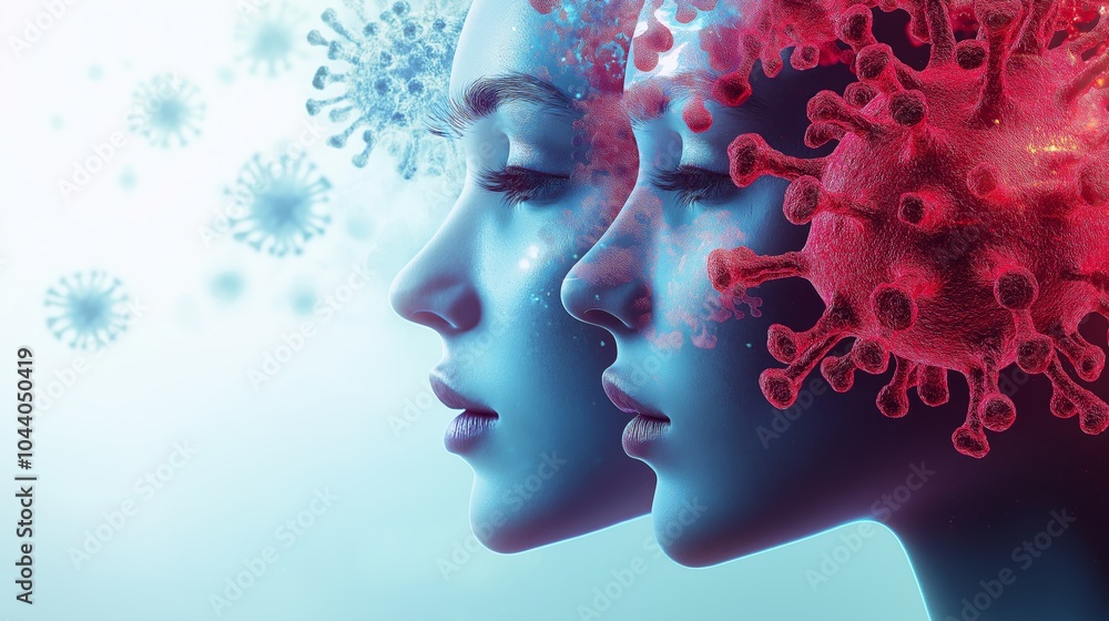 Abstract digital representation of faces surrounded by viral particles, illustrating concepts of health, infection, and modern medical awareness, Generative Ai Abstract digital representation of faces surrounded by viral particles, illustrating concepts of health, infection, and modern medical awareness, Generative Ai