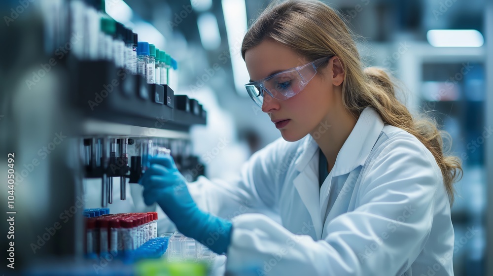 Female scientist working in a laboratory, wearing protective equipment while handling samples, representing modern scientific research and discovery, Generative Ai Female scientist working in a laboratory, wearing protective equipment while handling samples, representing modern scientific research and discovery, Generative Ai
