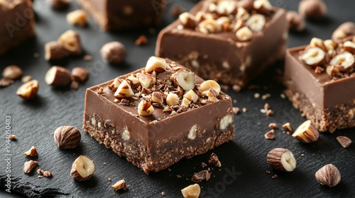 Fudge with hazelnut spread and crushed hazelnuts, isolated on a black granite surface, decorated with hazelnut pieces and chocolate shavings