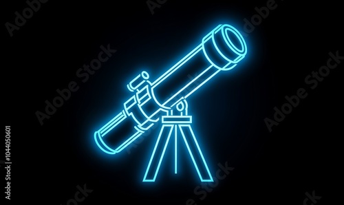 Electric blue neon outline of a telescope icon on black background.