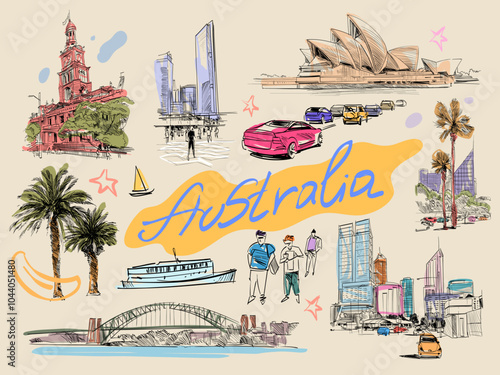 Set of Australia landmarks and buildings. Hand drawn vector illustration art. 