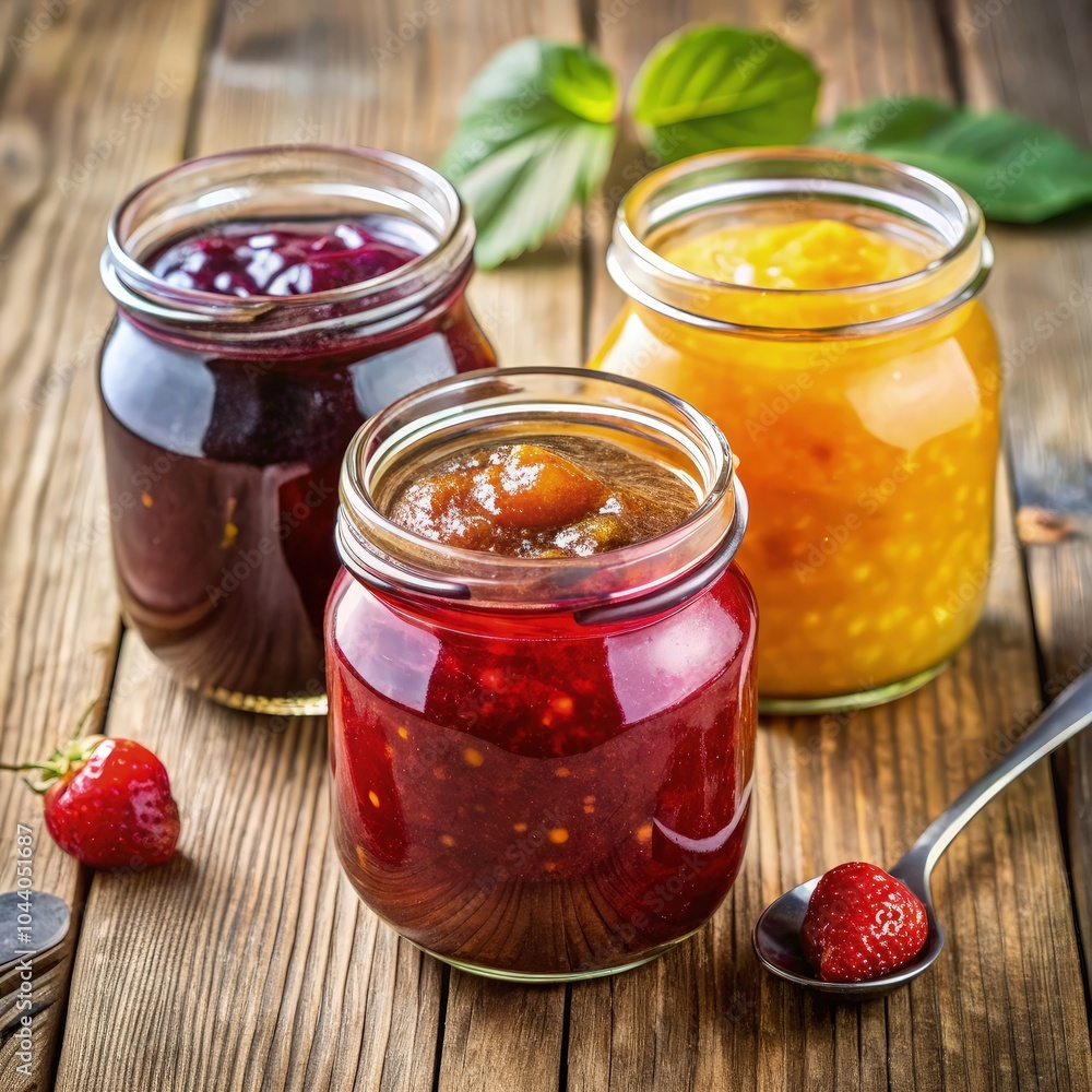 A delightful trio of jam jars displayed on a rustic wooden table with strawberries. Generative AI A delightful trio of jam jars displayed on a rustic wooden table with strawberries. Generative AI