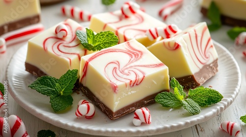 Peppermint fudge with white chocolate swirl, isolated on a white porcelain plate, garnished with candy cane pieces and mint leaves photo