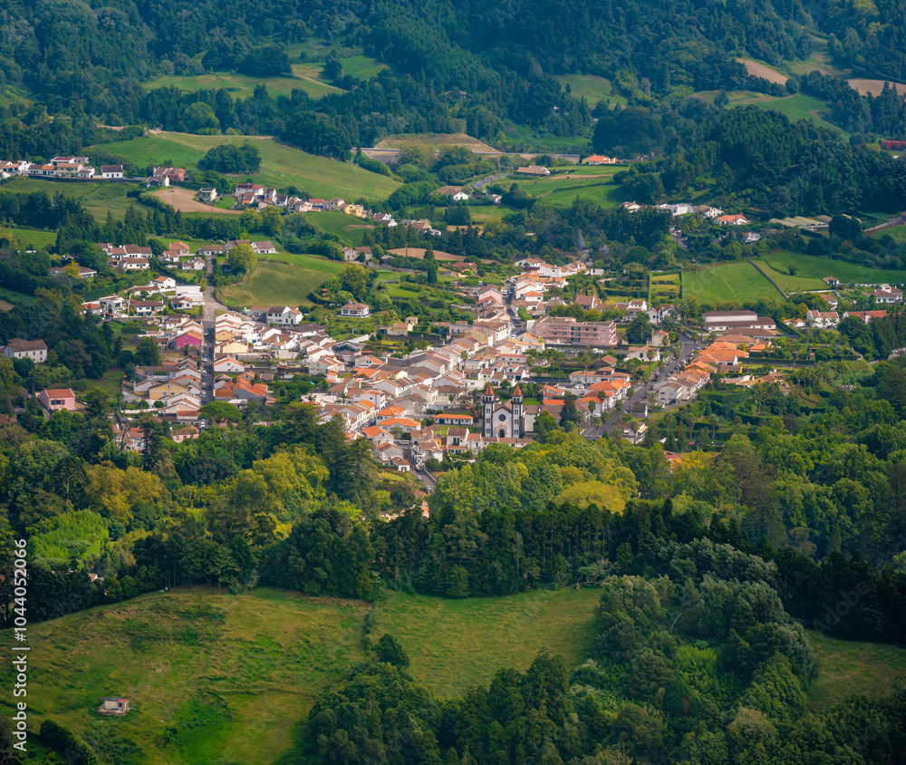 Aerial view of the idyllic village of Furnas from the Miradouro do Pico do Ferro, Furnas Valley, São Miguel Island, Azores Islands, Portugal Aerial view of the idyllic village of Furnas from the Miradouro do Pico do Ferro, Furnas Valley, São Miguel Island, Azores Islands, Portugal