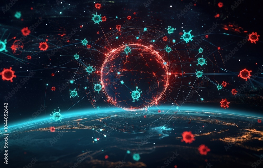 A digital illustration of the Earth with glowing red and blue viruses. A digital illustration of the Earth with glowing red and blue viruses.