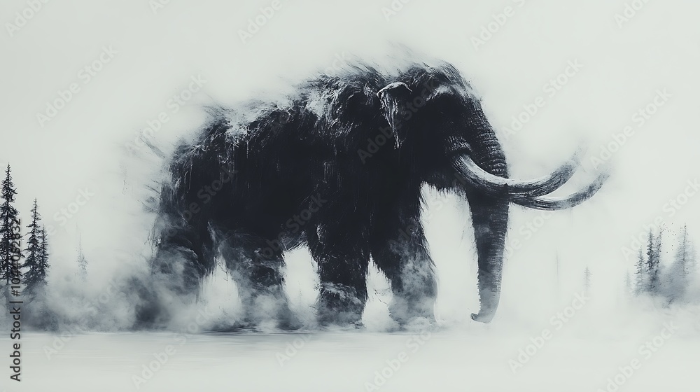Obraz premium A majestic mammoth walks through a snowstorm, its tusks and body dusted with snow.