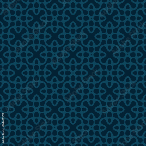 Vector abstract geometric texture. Subtle seamless pattern with curved lines, floral silhouettes, organic shapes, grid, lattice, dots. Simple minimal dark blue background. Repeated modern geo design