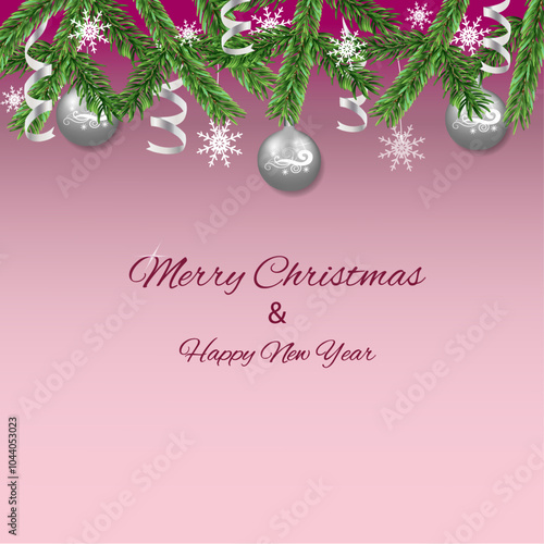 A festive Christmas scene with the words 'Merry Christmas' or 'HNY" on a bright pink background. A beautifully decorated Christmas tree with silver ornaments completes the joyful holiday illustration.