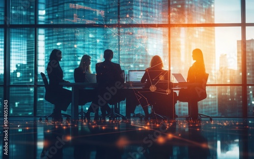 Silhouettes of a diverse group of business professionals in a meeting.