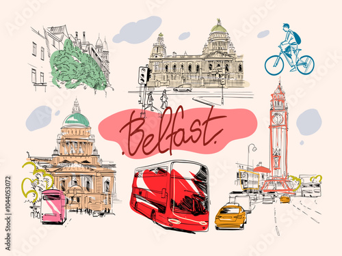 Set of Belfast landmarks and buildings. Hand drawn vector illustration art. 