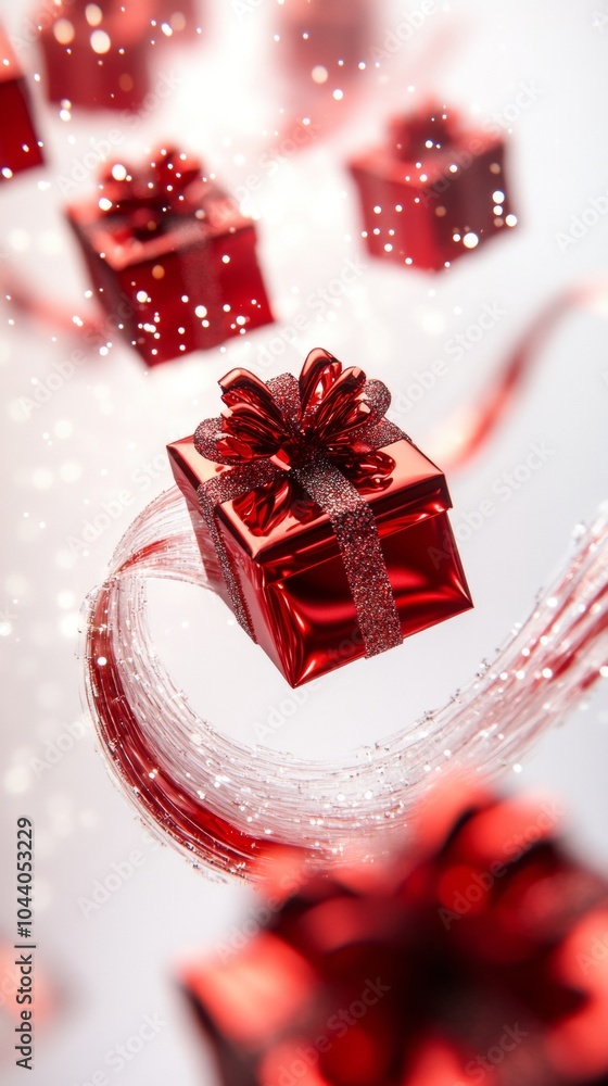 Vertical banner Christmas background with decorated Christmas red flying boxes with gifts, copy space Vertical banner Christmas background with decorated Christmas red flying boxes with gifts, copy space