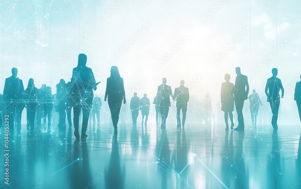 Silhouettes of businesspeople walking in a modern office setting. Silhouettes of businesspeople walking in a modern office setting.