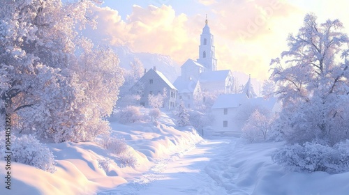 Wallpaper Mural Tranquil Christmas Village Covered in Snow at Sunrise - Ultra-Detailed Winter Fantasy Digital Illustration Torontodigital.ca