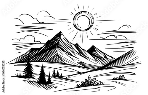 mountain mount elevation hill trees view nature decoration drawing painting vector