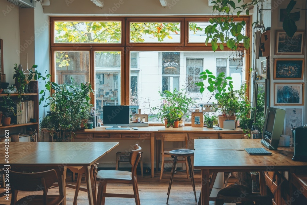 Fototapeta premium Bright workspace with large windows, wooden furniture, and lush greenery.