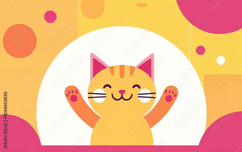 Fototapeta premium A cheerful cartoon cat with raised paws enjoying a playful, colorful background in a bright modern style