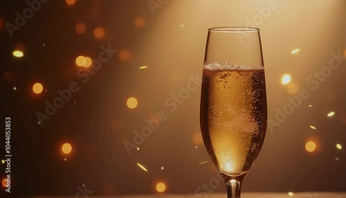 Glass of Champagne on Table and Fireworks Display